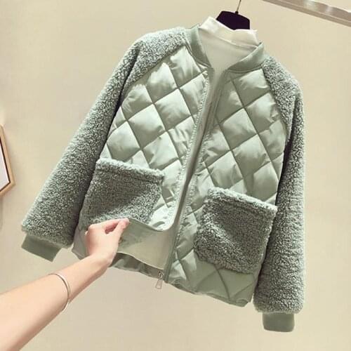 HStar Winter Warm Coat Women Plaid Faux Lamb Patchwork Jackets Female Zipper Pocket Long Sleeve Loose Parka Korean Fashion