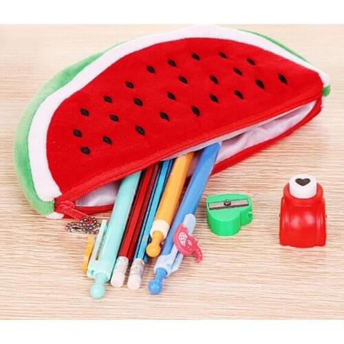 Watermelon Semicircle Short Plush Pencil Bag Stationery Storage Zipper Case