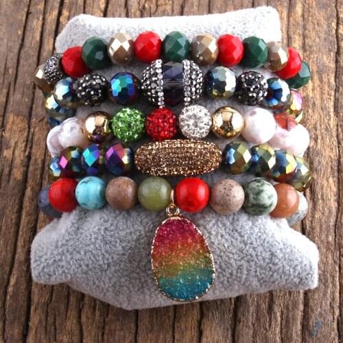 MD Fashion Boho Jewelry Christmas Gift Natural Stone & Glass Beaded Bracelet Set 5pc Stone Bracelets Sets For Women Jewelry