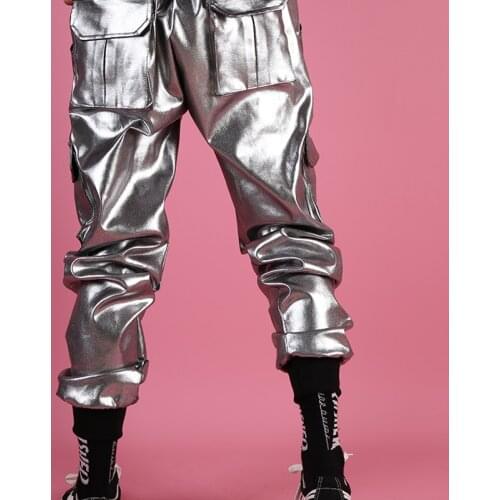 Men Casual Leather Harem Pants Man Streetwear DJ Singer Pants Hip Hop Punk Silver Multi Cargo Pocket Pants Stage Clothing