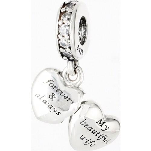 NEW 925 Sterling Silver Forever & Always My Beautiful Wife Open Heart Charms Fit Original Bracelet For Women DIY Jewelry Beads
