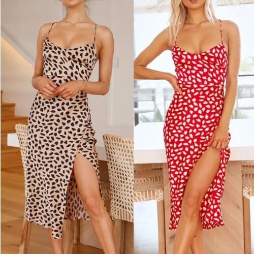 2021 Summer Sexy Womens Suspenders Sleeveless Digital Printed Polka DotSplit Dress Mid-Calf Dress