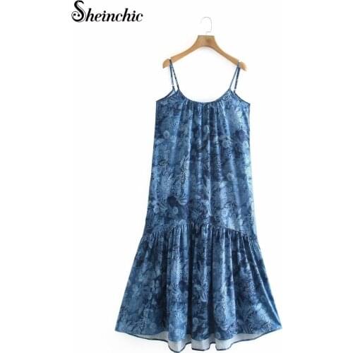 Vintage Blue Floral Printed Maxi Dresses for Women Summer 2021 Sexy Elegant Spaghetti Strap Long Dress Female
