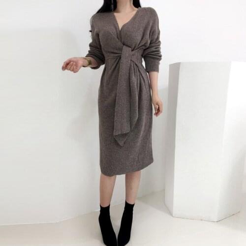 Thick Casual Pollover V Neck Sweater Dress Women Warm 2021 New Autumn Winter Solid Korean Woman Jumper Dresses Knitted Knitwear