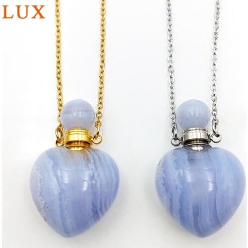 Blue Lace Agates Necklace Gems stone Perfume Bottle Agates Pendant Heart shape Essential Oil Meditation Jewelry stainless steel
