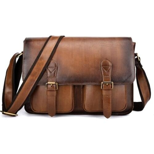 New Vintage Mens Handbags 100% Cow Genuine Leather Male Shoulder Bag Real Natural Leather Crossbody Bag Messenger Bags 12 Inch