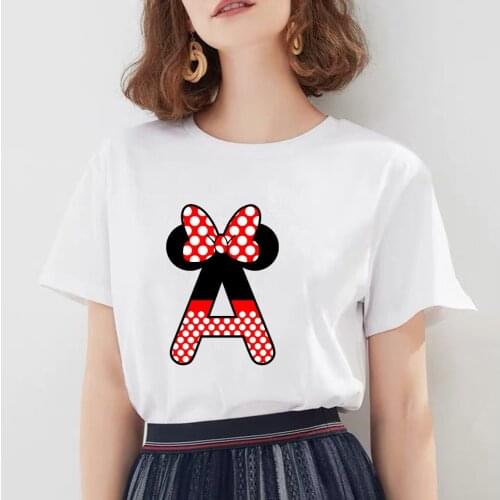 2021 Name Letter Combination Womens High Quality Print T-shirt Disney Minnie Mouse Font A B C D E F G Kawaii Short Sleeve Tshir
