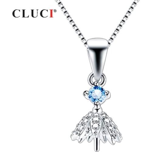 CLUCI 925 Sterling Silver Umbrella Shaped Women Pearl Charms Pendant Mounting Jewelry Blue Zircon Pendant Gift Jewelry SP414SB