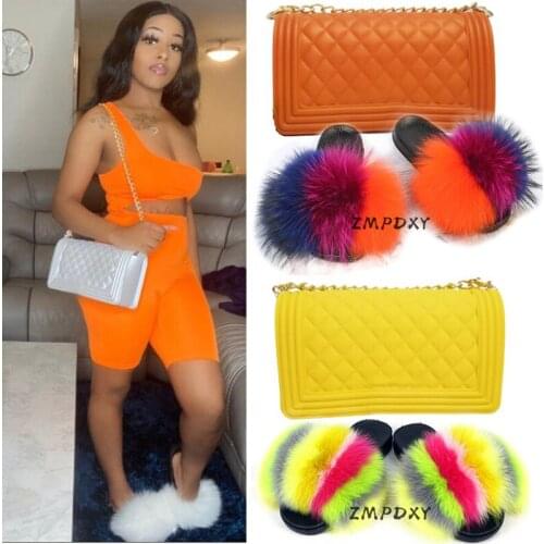 Womens Matte Colorful Jelly Bags Shoes Sets Rainbow Real Fox Fur Slippers Candy Crossbody Purse Female Fur Slides Furry Sandals