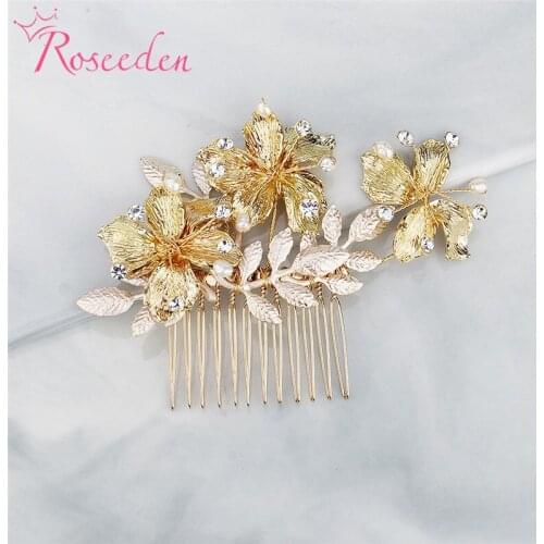 Vintage Wedding Hair Accessories Hair Combs Fresh water Pearls Tiaras Combs Women Jewelry Gold Floral Head Ornament RE3777