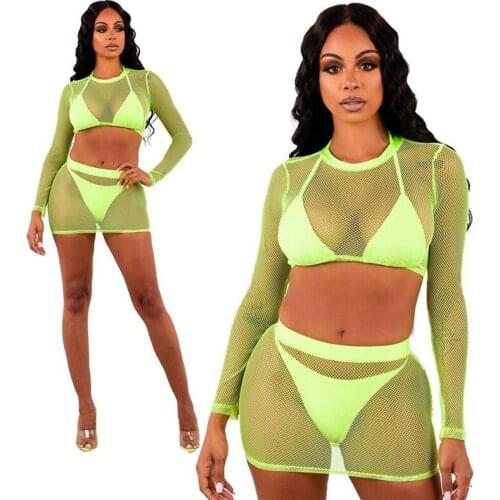 BKLD women summer 2 pieces Mesh casual bodycon party mini skirt + long sleeve crop-top solid- color club outfit transparent sets