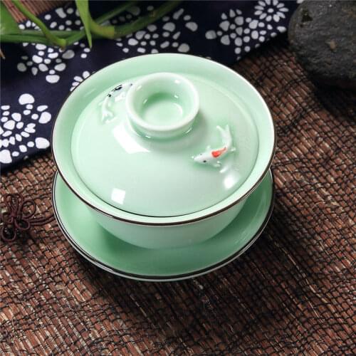 [GRANDNESS] ] Longquan Celadon Gaiwan Gongfu Tea Set 3D Fish Gaiwan Set Tureen Cup 140ml