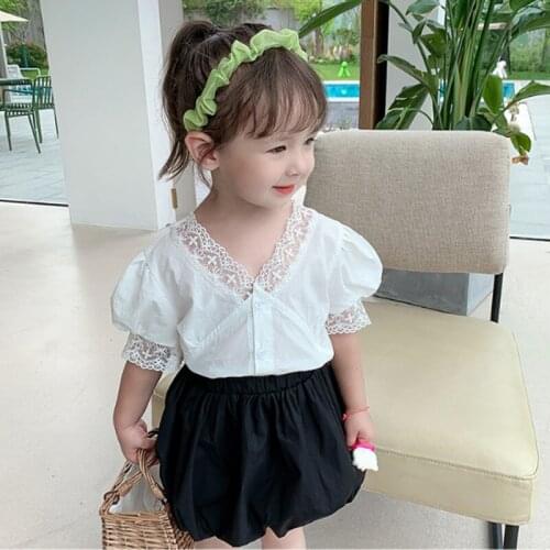 DFXD Girls Clothing Set 2020 Summer Fashion White Puff Sleeve Lace V-neck Shirts Tops Shorts Pants 2-7T Outfits Children Clothes