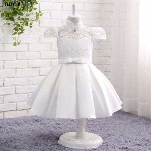 JaneVini Ivory Ball Gown Flower Girl Dresses High Neck Short Sleeves Lace Flowers Pattern Knee Length Kids Christmas Party Gowns