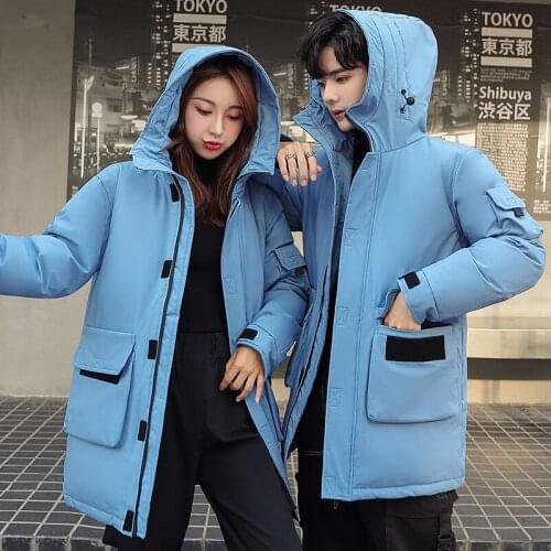 Winter Korean Mens Mid-length Hooded White Duck Down Jacket Men Cargo Solid Trench Coat Couples Loose Thick Windbreaker M-3XL