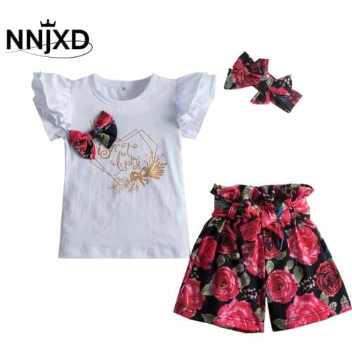 Summer Baby Girl Clothes Set Cotton Short Sleeve Ruffle Romper Tops Flower Short Pants Headband 3Pcs Newborn Infant Outfits