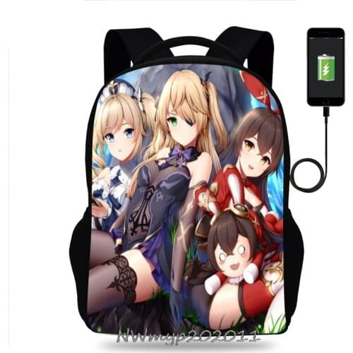 Game Genshin Impact Multifunction USB Charging Travel Canvas Student Backpack For Teenagers Boys Girls School Bag