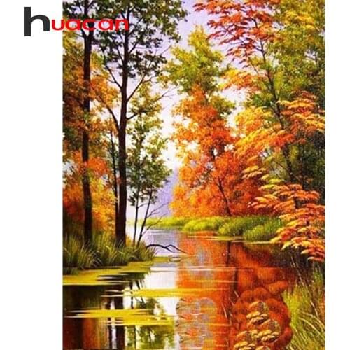 Huacan 5D Diamond Art Painting Kits Tree Autumn Diamond Mosaic Embroidery Beads Sets Landscape Needlework Home Decoration