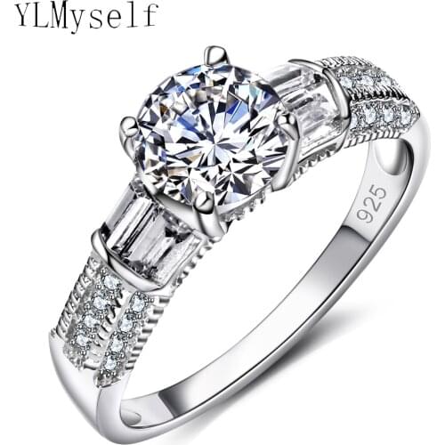 Real 925 silver wedding ring Pave 12mm round cut cubic Zirconia crystal stone Engagement jewelry elegant finger rings for bridal
