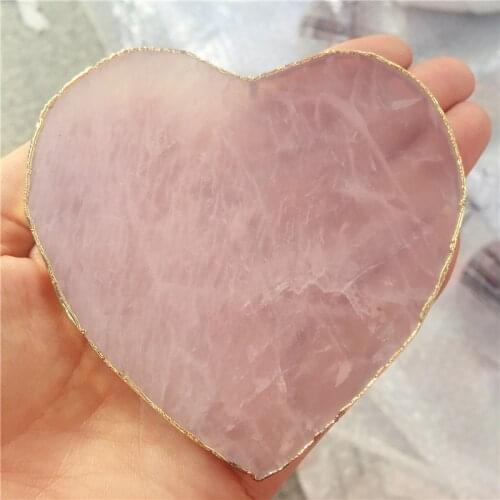 Natural Rose Quartz Powder crystal Coaster Heart Crystal Platter Electroplated Gold Color Jewelry for Cup Mat Display Gift 1Pcs