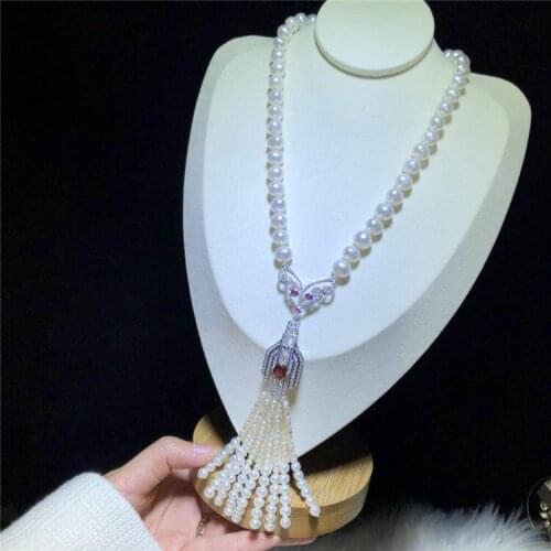Fashion new 8-9mm white freshwater rice pearl tassel pendant necklace long 48cm