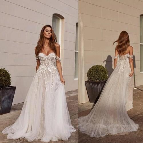 2020 Bohemian Wedding Dresses A Line Lace Applique Off The Shoulder Bridal Vestido De Noiva Sweep Train Beach Wedding Gowns