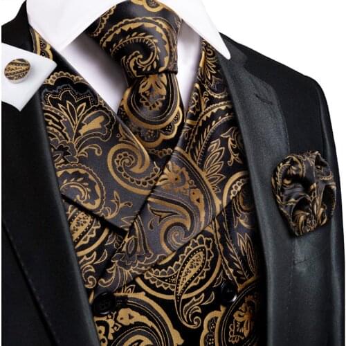Hi-Tie Gold Black Paisley Floral Silk Men Slim Waistcoat Necktie Set For Suit Dress Wedding 4PCS Vest Necktie Hanky Cufflink Set