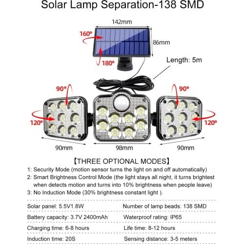 IP65 Solar LED Light Outdoor 3 Head Motion Sensor 270 Wide Angle Illumination Waterproof Lights Wall lamp for Garden Garage