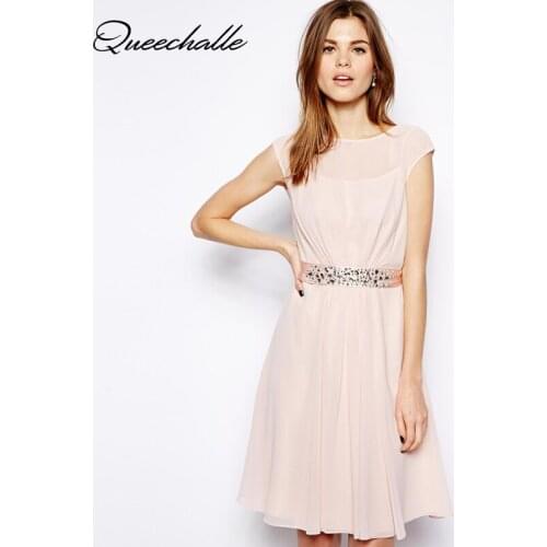 Fashion Beading Slim Waist Back Zipper Ties Pleated Dress Summer Sleeveless Casual Chiffon Dress Light Pink Elegant Vestidos