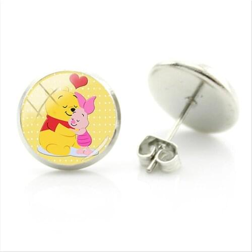 Disney Pooh And Piglet Earrings Picture Fashion And Simple Style Stud Earrings Glass Cabochon Jewelry Gifts For Women