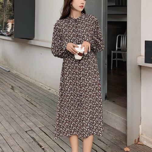 New Korean Flower Middle-length Dress 2021 Spring Chiffon Dress Vintage Plus Size Long Dresses A Line Printing Party Dress 13198