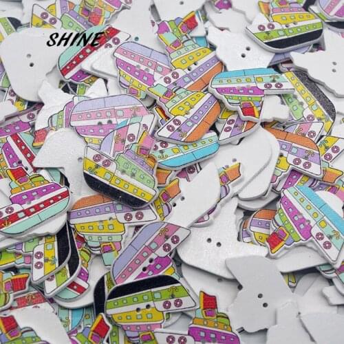 SHINE 100PCs Wooden Sewing Buttons Scrapbooking Ship shape 2 Holes 30X26mm Costura Botones Decorate W10021
