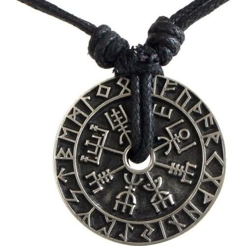 Nordic Viking Odin Compass Necklace for Men Anglo Saxon Rune Pendant Retro Black Tone Solid Metal Wholesale Jewelry