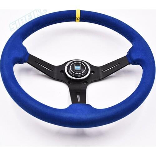 Hot Sales 350mm Blue Suede Leather Deep Sport Universal Racing Modify Car Steering Wheel