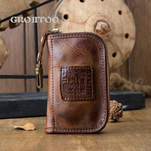 GROJITOO Hand made leather key bag for men zipper waist hanging car key bag leather wallet for women genuine leather purse