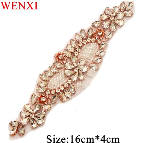 WENXI 10PCS Handmade Rhinestones Appliques Patch For Wedding Dress Belt Clear Rose Gold Crystal DIY Bride Gown Sash WX873