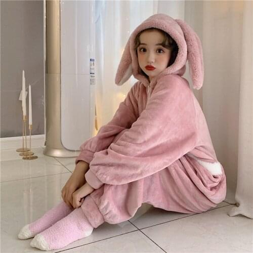 One-piece Pajamas Women Coral Fleece 2021 Autumn Winter New Sweet Student Pajamas with Ears Hooded Loose Can Wear Home Clothes
