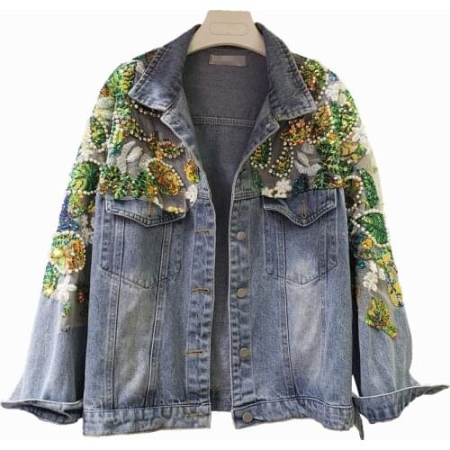 [NXWC] Blue Denim jacket Beaded Sequins Jacket Women Spring Ropa de mujer Loose Plus size Jeans jacket Streetwear Femme 2021