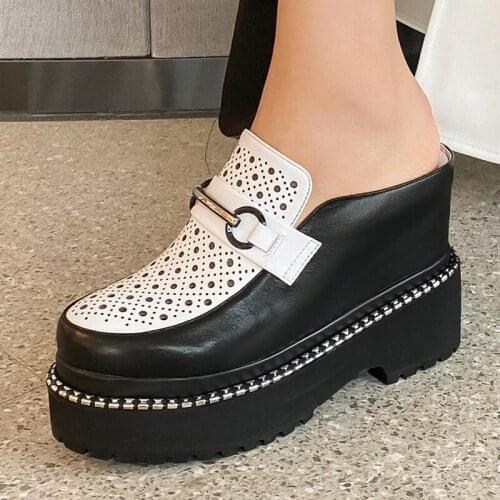 Summer Height Increasing Genuine Leather Women Slippers Round Toe Slip On Women Shoes High Platform Hollow Out Outside Shoes