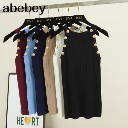 Women Soild Button Hollow Out Thin Knitted Tank Tops Female Girls Double Breasted Knit Sleeveless Sweater Tanks