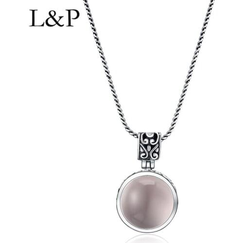 L&P Fashion Round Pink Crystal Gemstone Necklace Authenic 925 Sterling Silver Pendant Necklaace Anniversary Gift For Women Girl