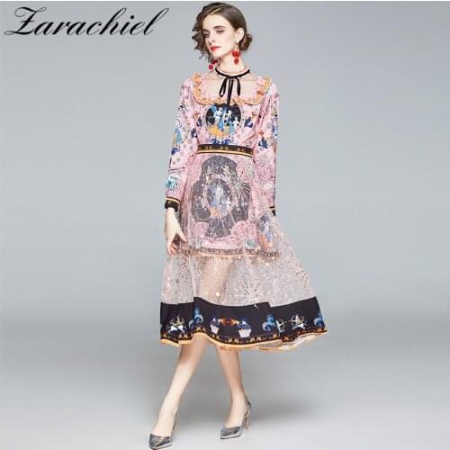 Runway Retro Mermaid Cartoon Print Patchowrk Embroidered Mesh Sequined Long Dress Women Full Sleeve Ruffles Bow Pink Dress
