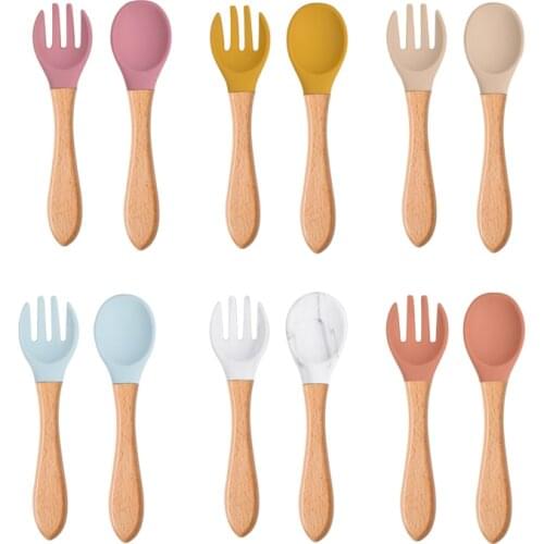 2PCS Baby Bamboo Fork Silicone Wooden Baby Feeding Spoon Toddlers Infant Feeding Accessories Organic BPA Free Food Grade Set