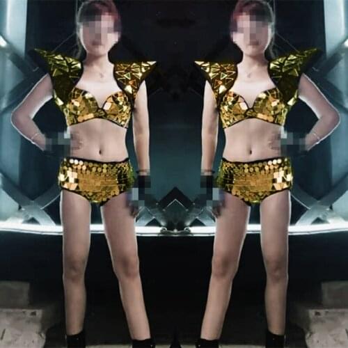 Sparkly Bikini sets Sexy Stage Outfit Silve Bra Gold mirror Shorts Auto Show Costume Women DJ DS Clothes Armor+Bra+Shorts