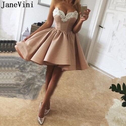 JaneVini Elegant Champagne High Low Homecoming Dresses Sweetheart Appliques Beaded Backless Satin Dress Graduation 2019 Charms