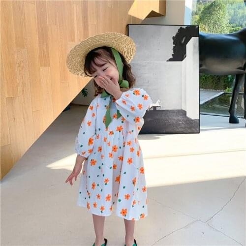 Girls cotton cute floral long sleeve casual dress 2021 kids fashion soft holiday dresses
