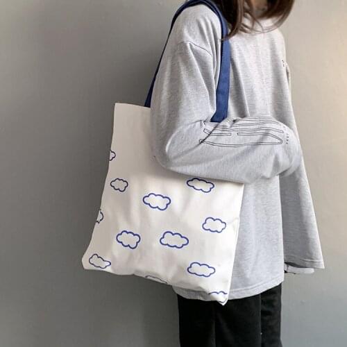 Women Canvas Shopping Bags Clouds Printing Shoulder Bag for Girls Ladies Casual Cloth Shopper Bags with Zipper Handbags Tote