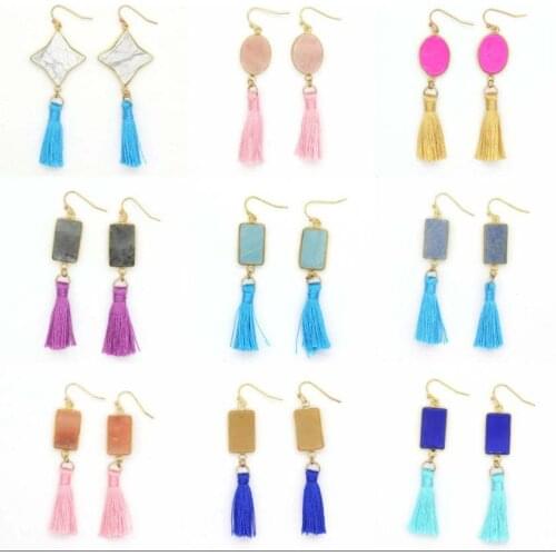 KFT Handmade Tassel Earring Natural Stone Oval Square Polygonal Shape Labradorite Turquises Tassel Earrings For Women Girls