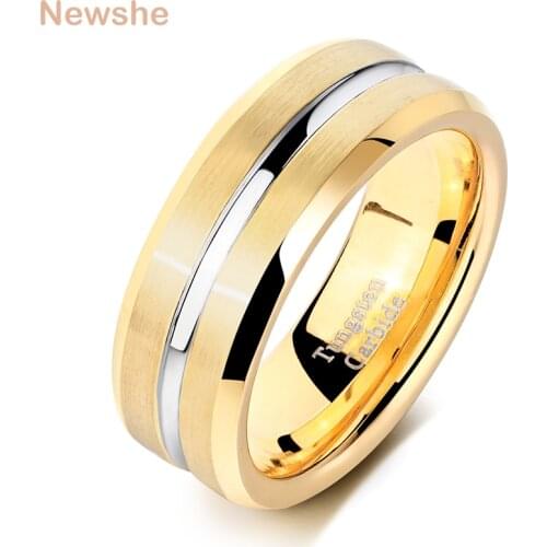 Newshe Yellow Gold Color Mens Wedding Band Tungsten Rings For Men Groove Ring Carbide 8mm Size 9-13 Fashionable Jewelry TRX042