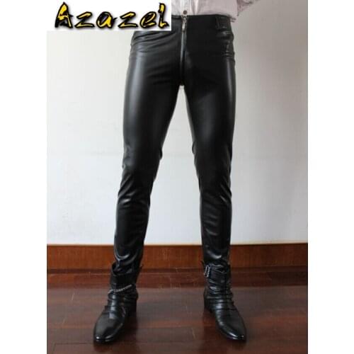 Azazel Free shipping 2020 New Men leggings zipper elastic leather pants Nightclubs bars black Trousers performances Pants 29-39